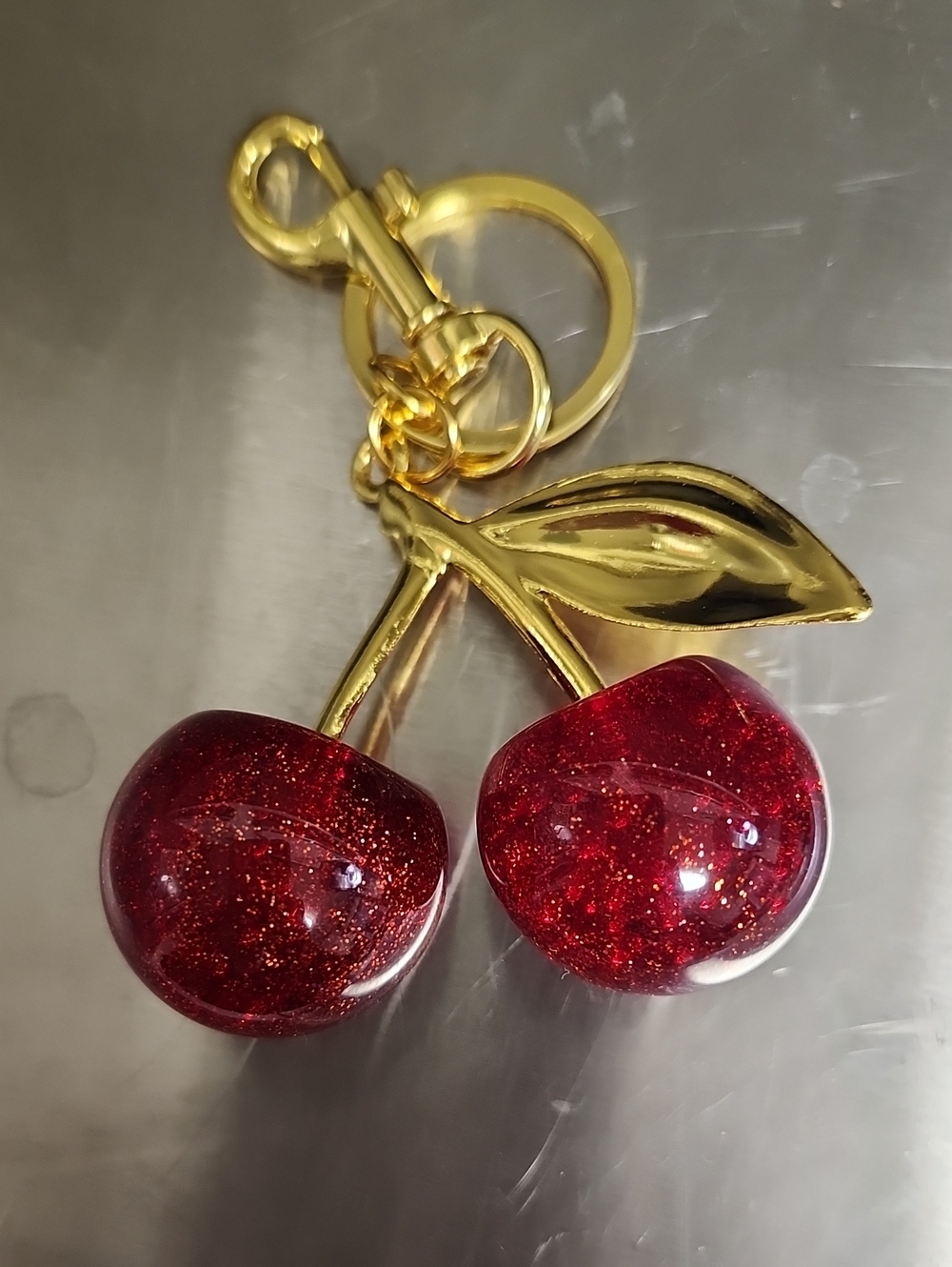 Gold Cherry Keychain with Red Glitter Charms
